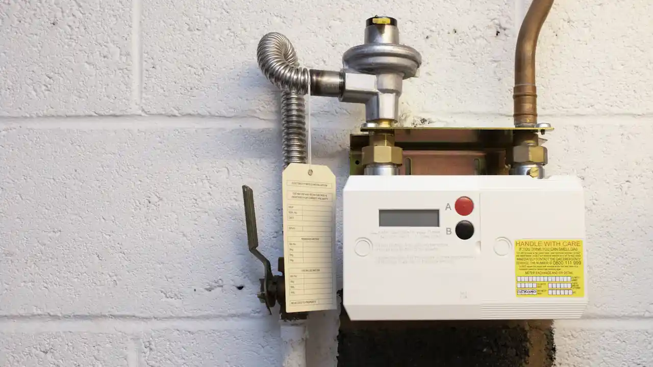 Water heater gas control valve repair in La Mirada: gas line with valve and meter on a wall
