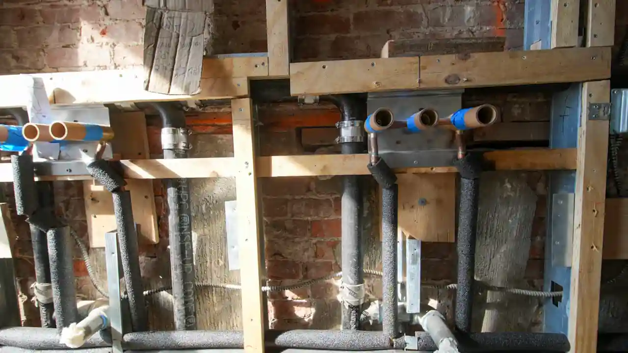 Water lines and supports inside an open wall