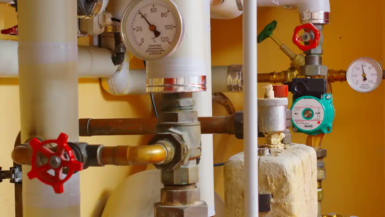 Water heater shut-off valve replacement in La Mirada: plumbing pipes with red shut-off valve handles